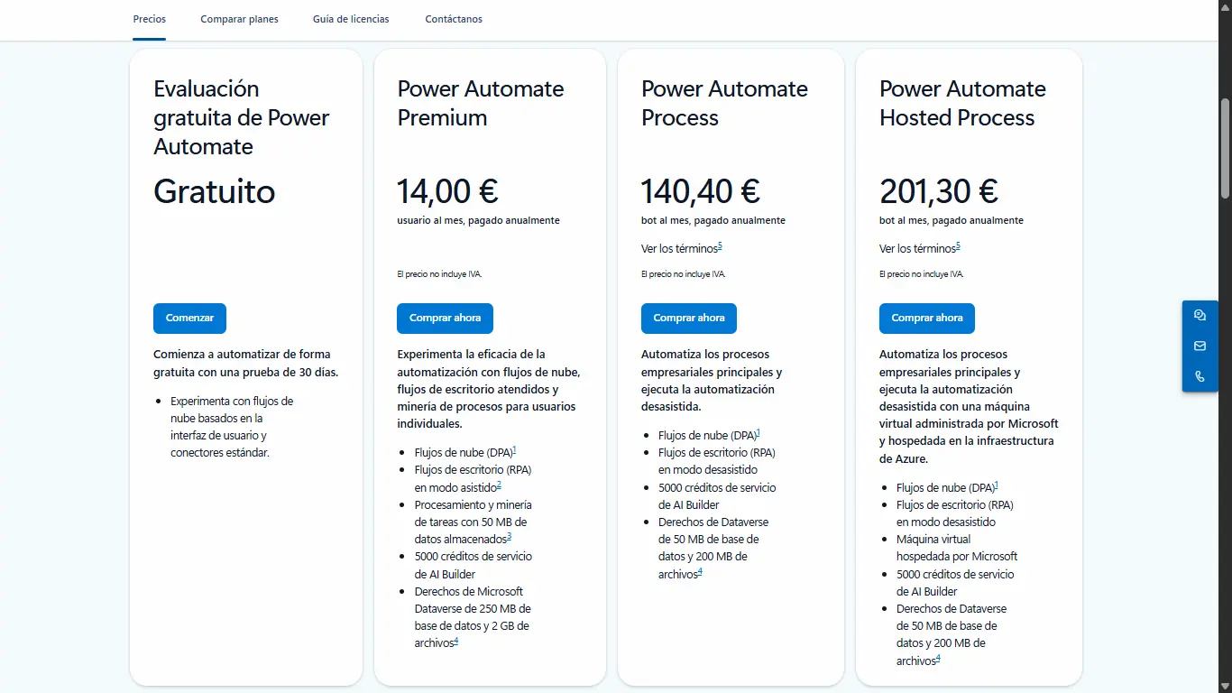 Tabla de precios de Power Automate